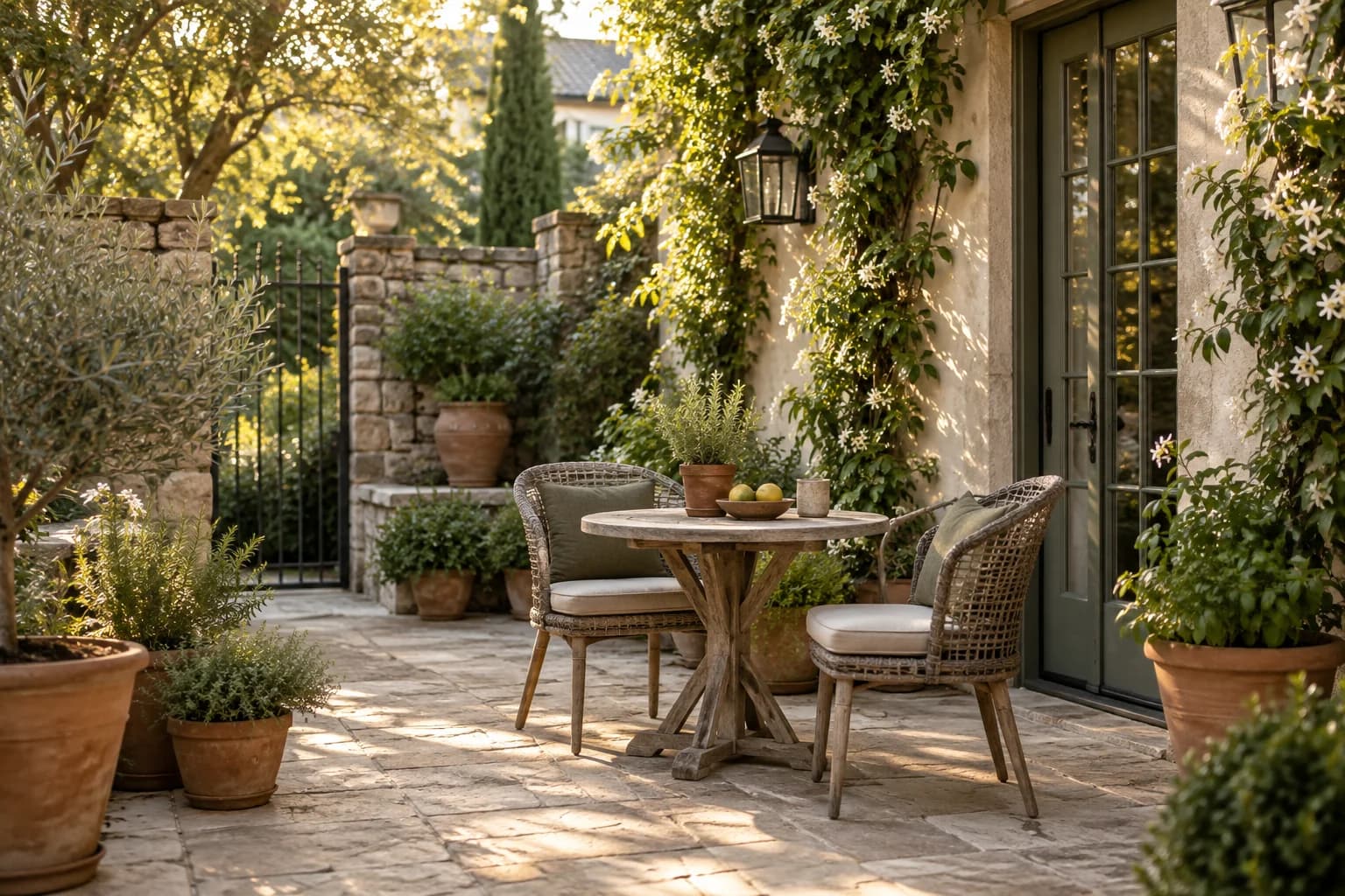 A quiet courtyard with a bistro table and woven chairs