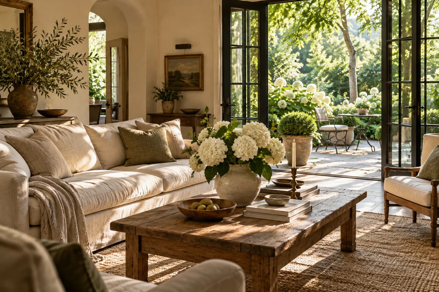 A sunlit room opening onto a lush garden, with linen furnishings and hydrangeas