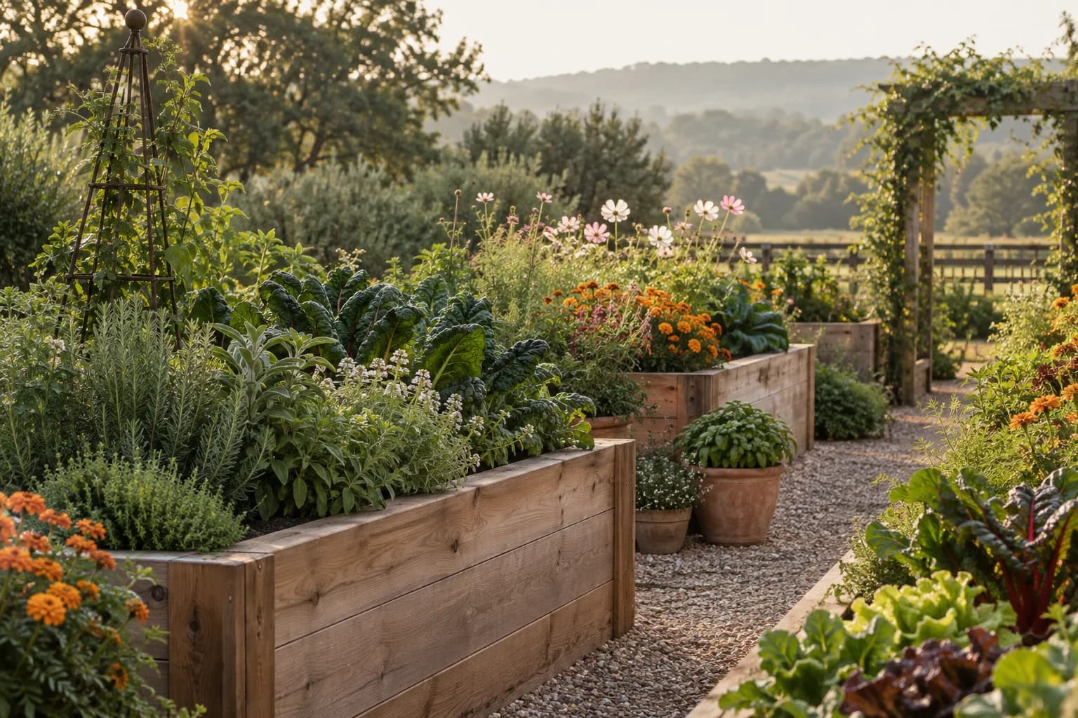 Herbs and vegetables growing in cedar raised beds