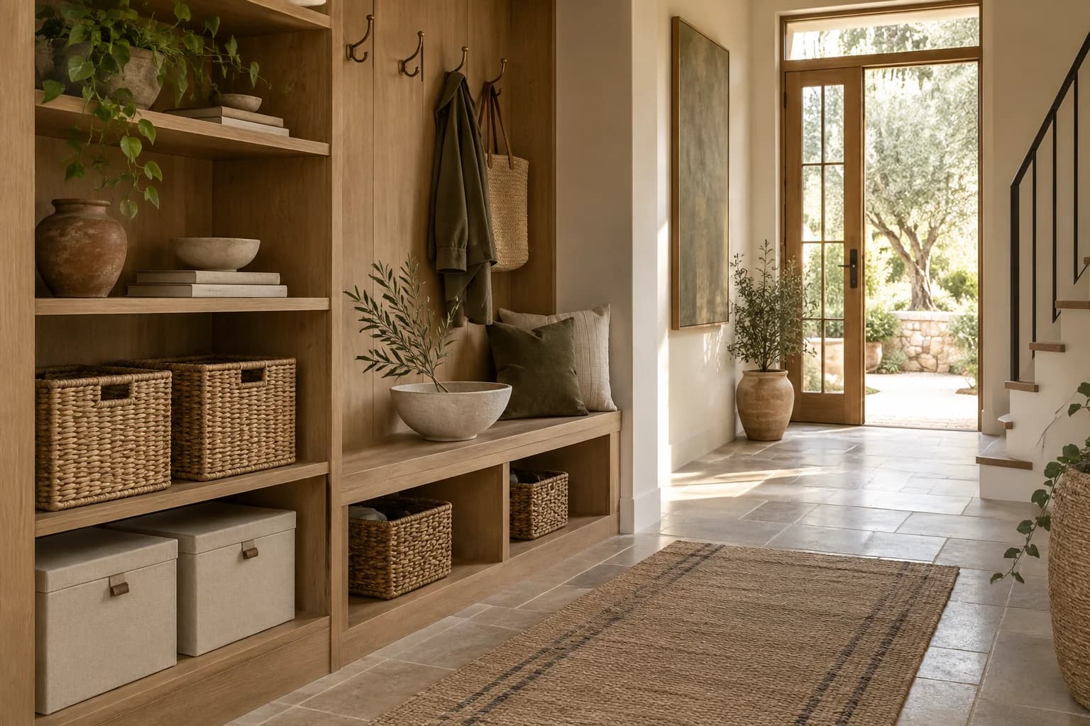 Oak shelves and woven baskets in an organized entryway