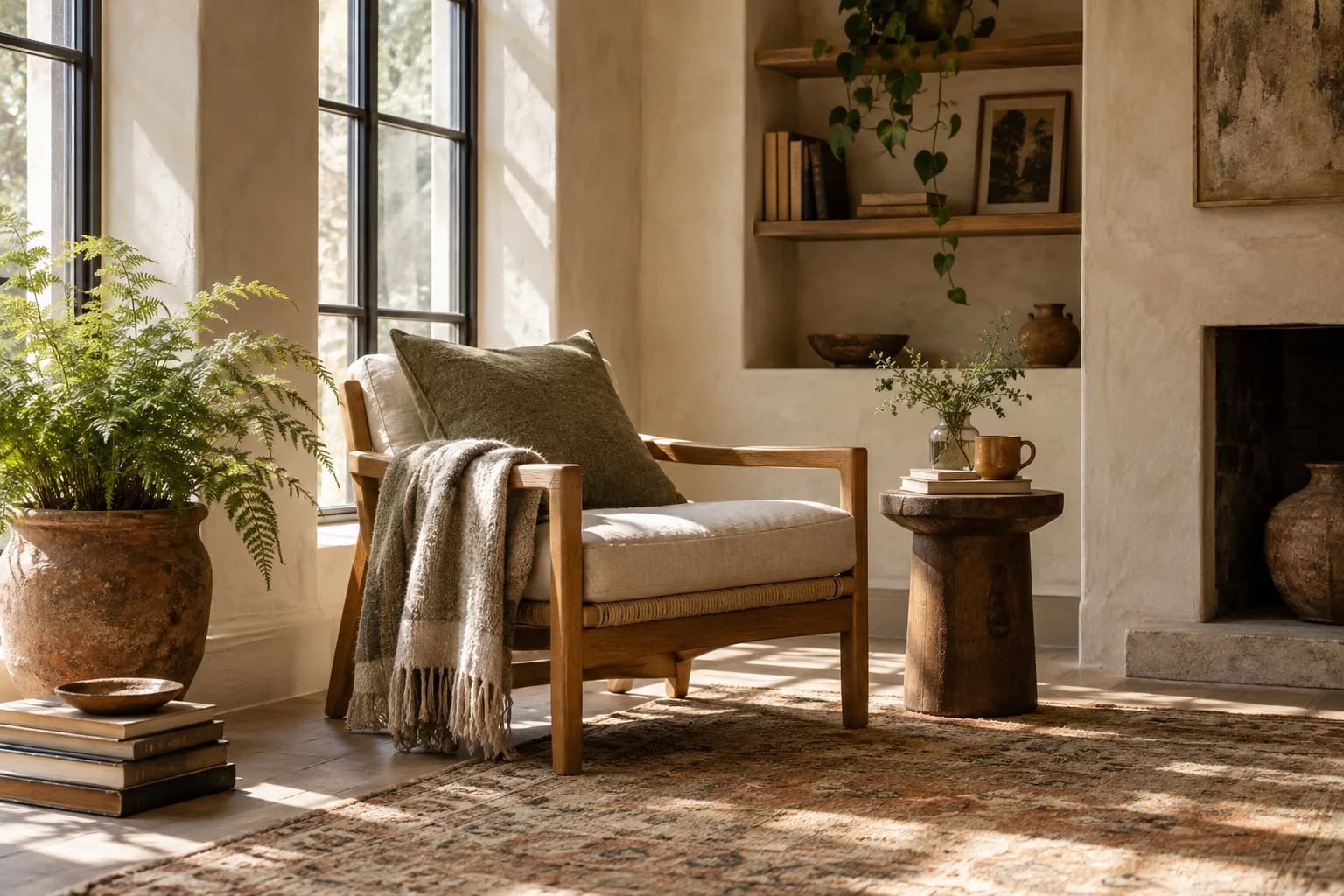 A linen reading chair beside a fern and sunny window