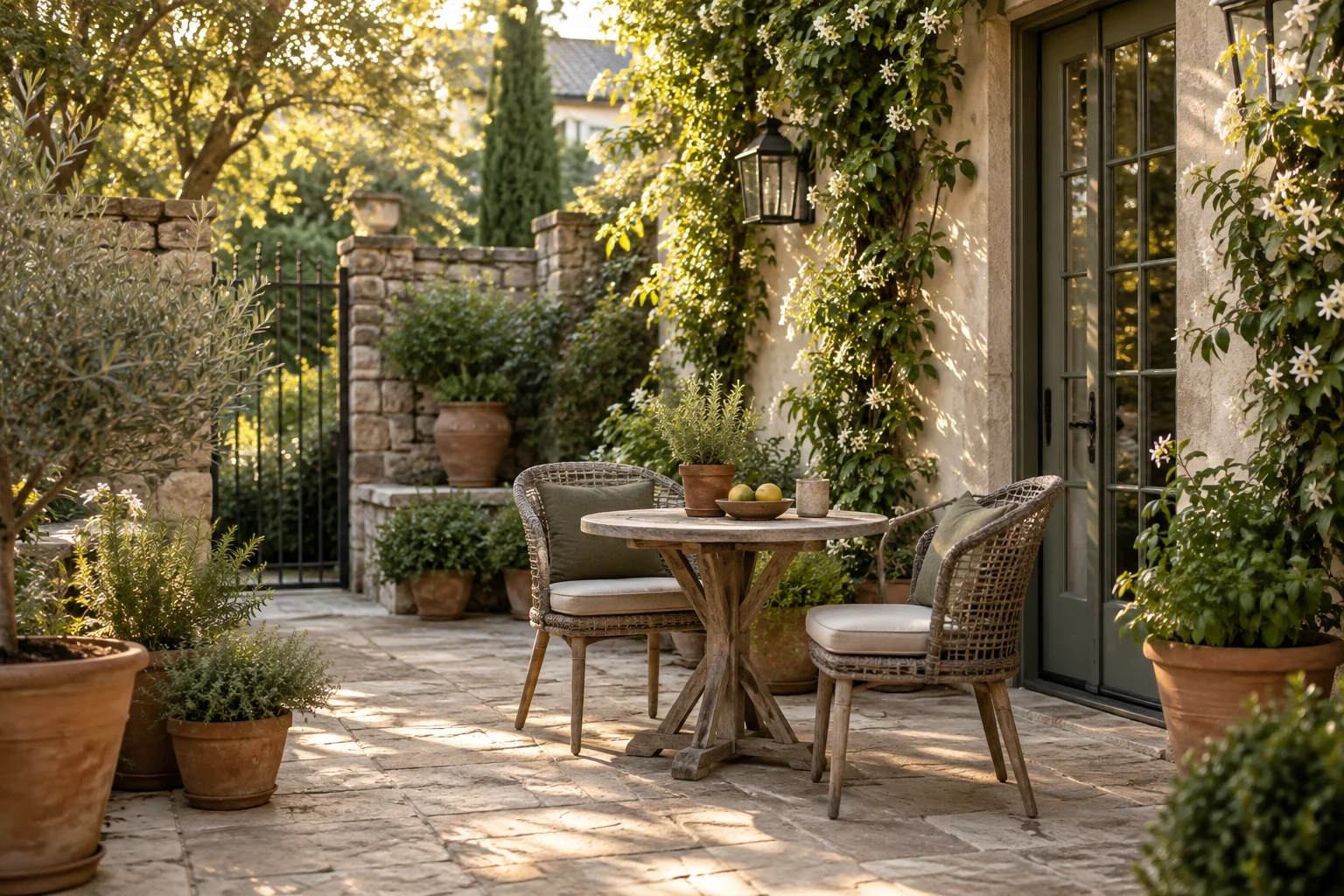 A bistro table and woven chairs in a planted courtyard